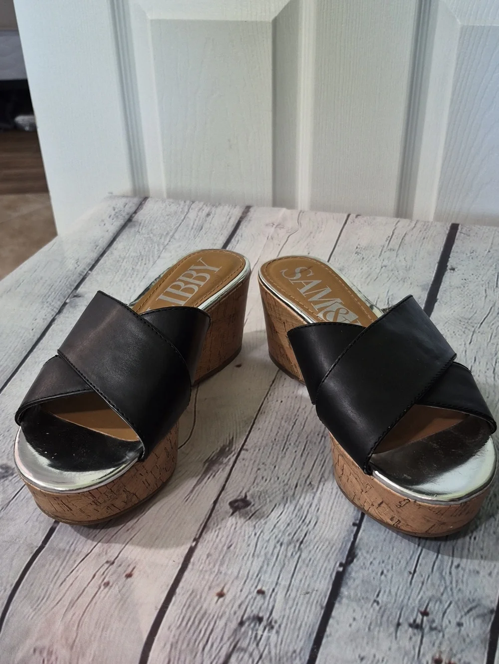 Like New Sam & Libby Black Cork Wedge Slide Sandals with Silver Toe Size 7.5